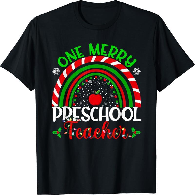 A happy preschool teacher funny teacher rainbow christmas t-shirt