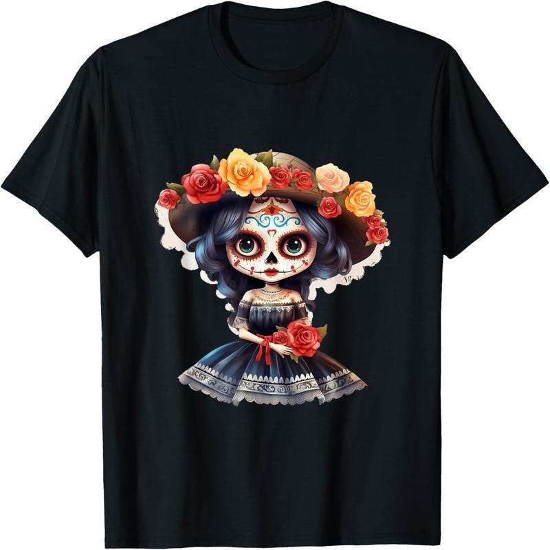 Dia de los Muertos Floral Sugar Skull Mexican Katrina T-Shirt