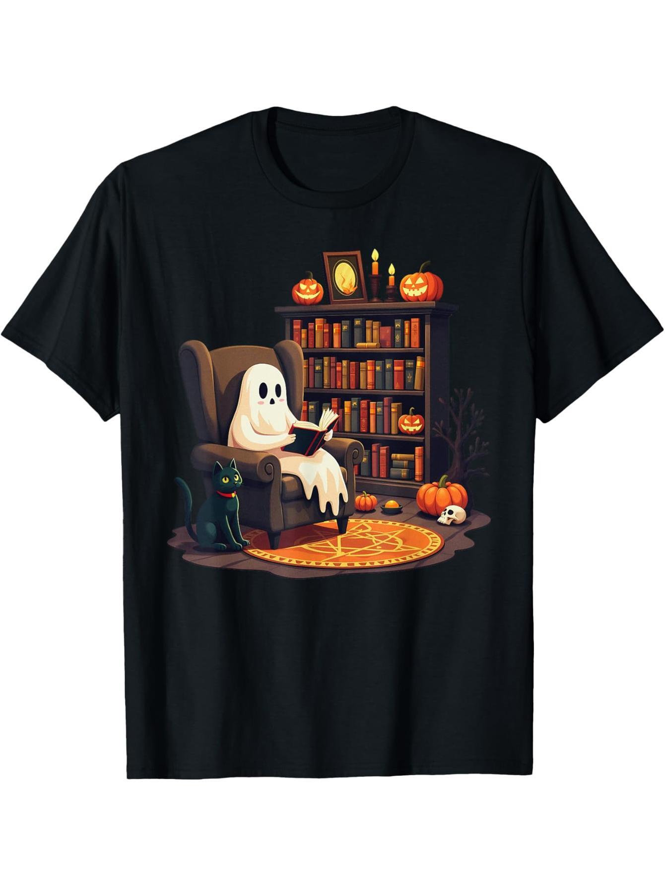 Retro Ghost Reading, Librarian Ghost Halloween Teacher T-Shirt