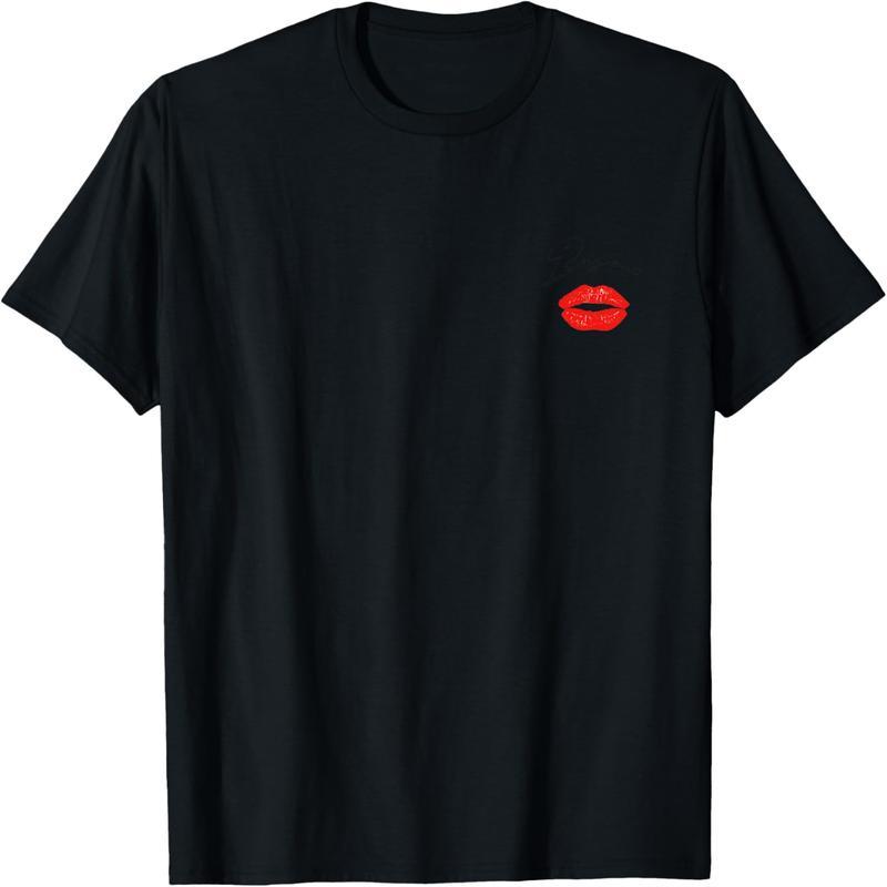 Cute Chic Red Lips Bisous Kisses Valentine's Day Cursive Pocket T-Shirt
