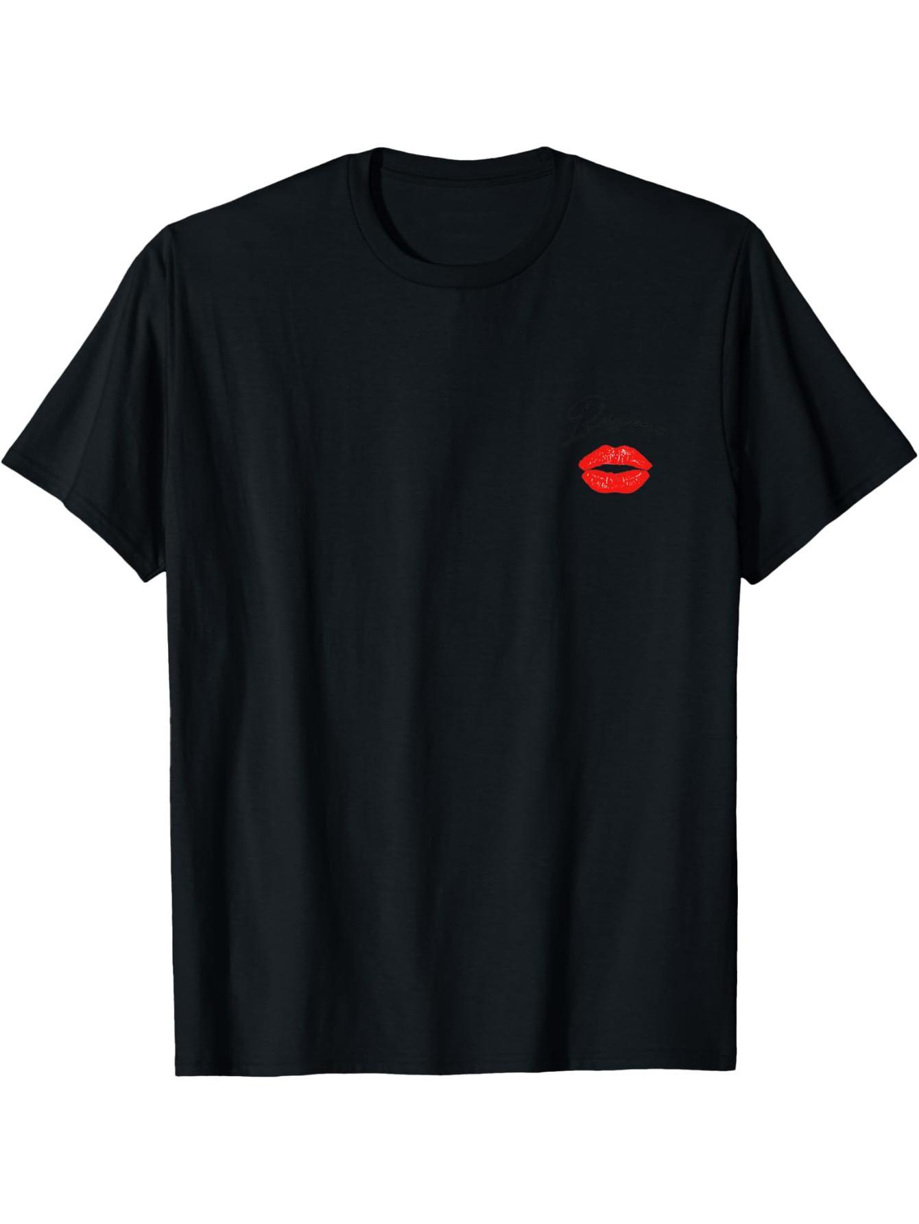 Cute Chic Red Lips Bisous Kisses Valentine's Day Cursive Pocket T-Shirt
