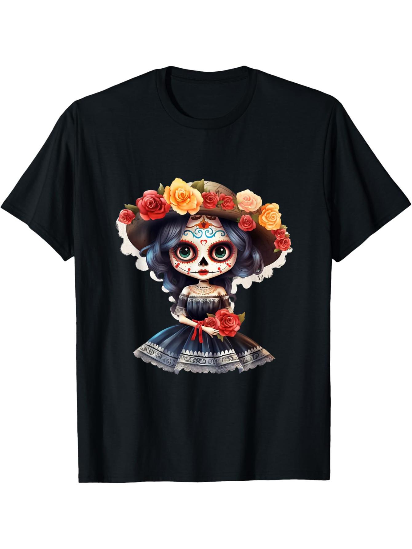Dia de los Muertos Floral Sugar Skull Mexican Katrina T-Shirt