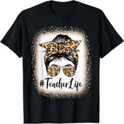 Teacher Life Bleached Leopard Messy Bun Mother's Day T-Shirt