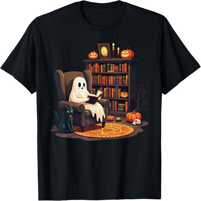 Retro Ghost Reading, Librarian Ghost Halloween Teacher T-Shirt
