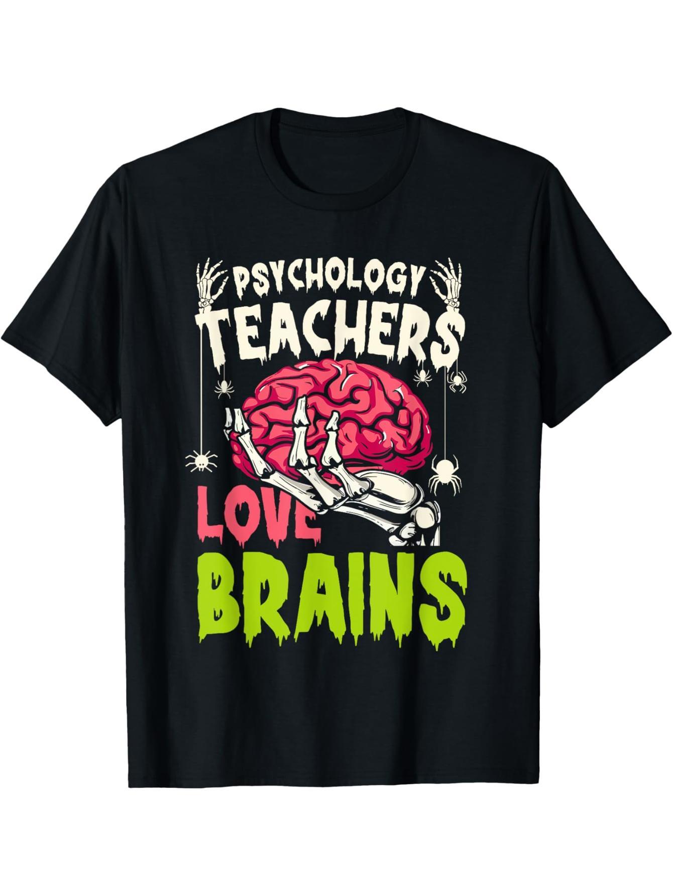 Psychology teacher loves brain skeletons Halloween funny t-shirts