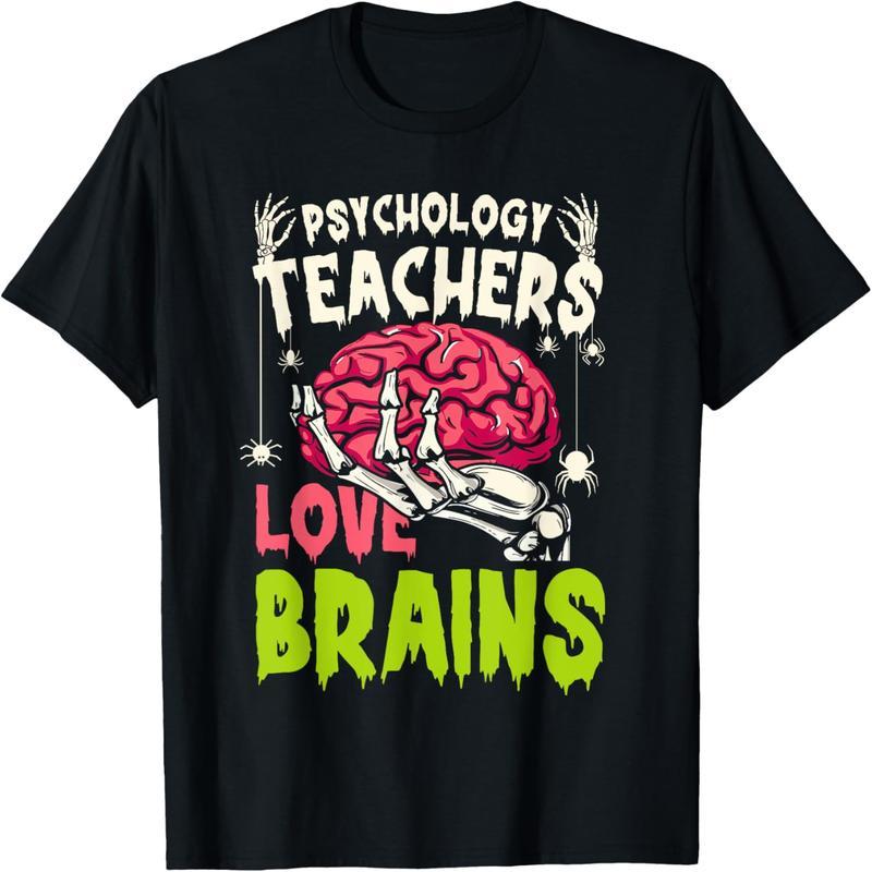 Psychology teacher loves brain skeletons Halloween funny t-shirts