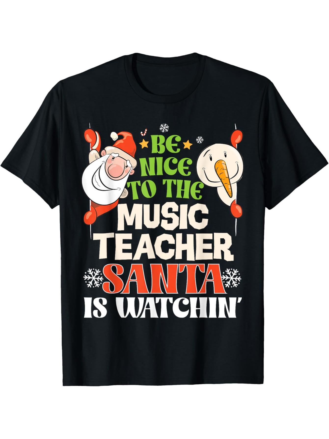A fun Christmas T-shirt with a friendly look at music teacher Santa Claus
