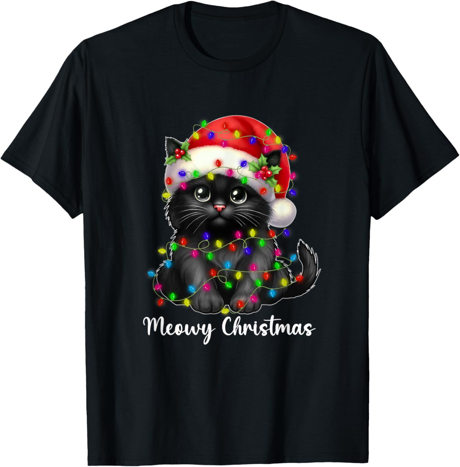 Meowy Christmas Lights Funny Family Black Cat Xmas Matching T-Shirt