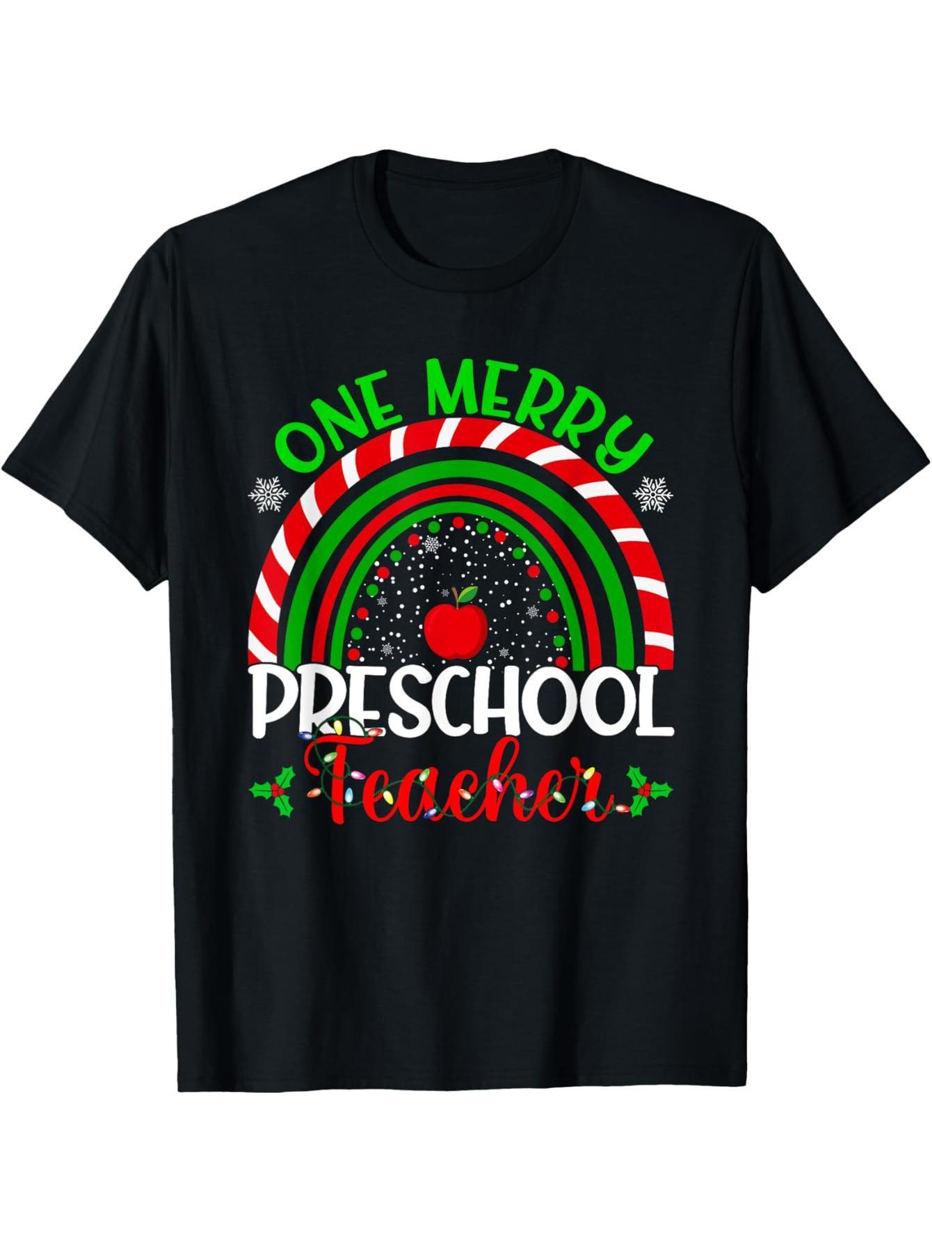 A happy preschool teacher funny teacher rainbow christmas t-shirt