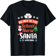 Be nice to the school nurse. Santa Claus is looking at a Christmas T-shirt