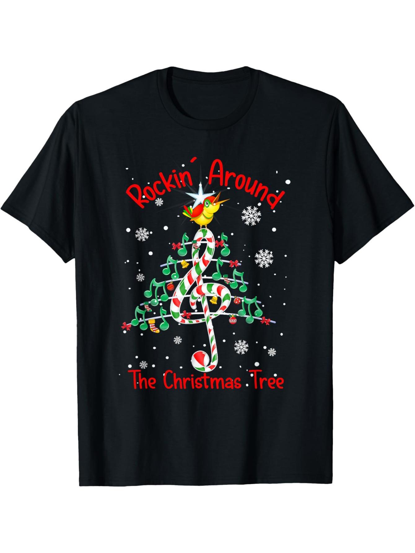 Rock around Christmas tree music notes music teacher t-shirt