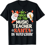 A fun Christmas T-shirt with a friendly look at music teacher Santa Claus