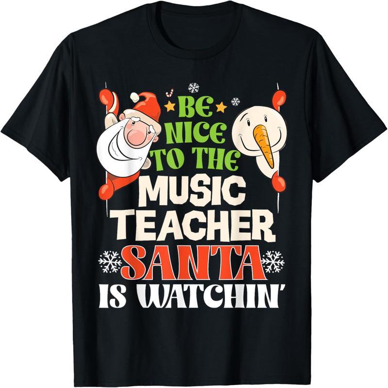 A fun Christmas T-shirt with a friendly look at music teacher Santa Claus