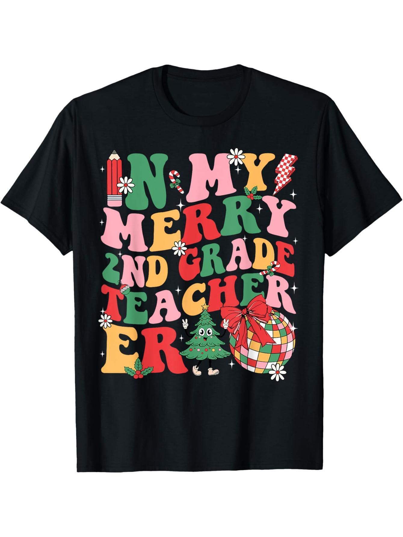 In My Happy Second Grade Era Vintage Teacher Student Christmas T-Shirt